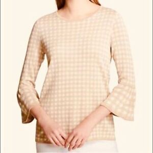 Sz M Calvin Klein Gingham 3/4 Bell Flare Sleeve Crewneck Sweater Tan White Women